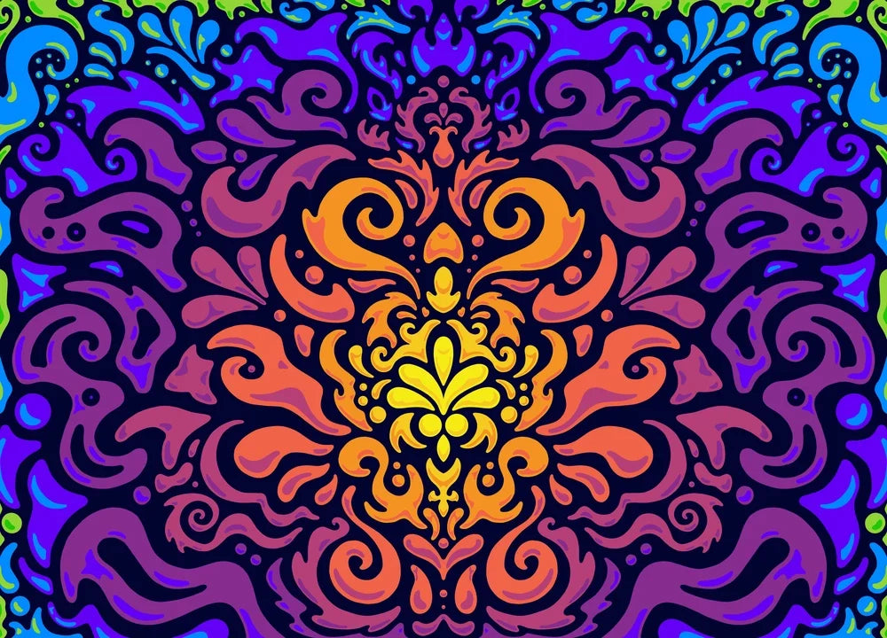 Digital screen preview of Chroma Burst artwork on an Android tablet highlighting neon green, magenta, and purple swirls.