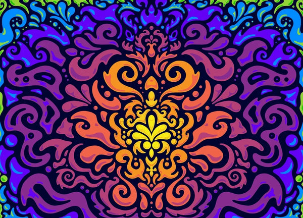 Digital screen preview of Chroma Burst artwork on an Android tablet highlighting neon green, magenta, and purple swirls.