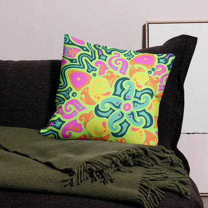 Sunflare Garden accent pillow placed on a bed, demonstrating how the bright sunburst design brightens up the bedroom décor.
