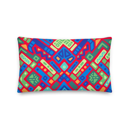 Colorful geometric patterned pillow on a white background
