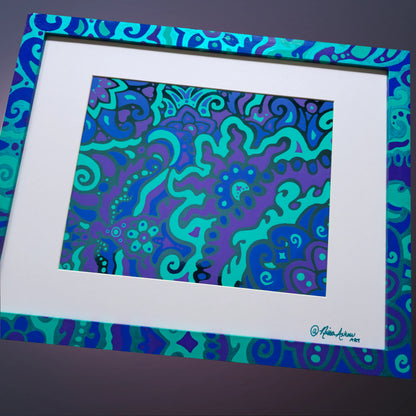 Electric Bloom by Nissa Askew - A framed abstract art print featuring a vibrant psychedelic swirl pattern in shades of teal, turquoise, purple, and blue, set within a wide white mat and a matching patterned frame.