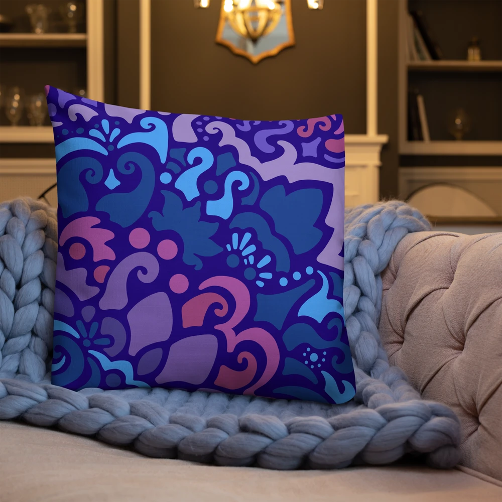 Midnight Berry Psychedelic Maximalist Premium Throw Pillow on a couch