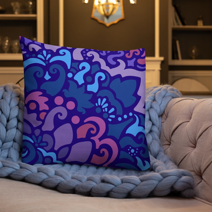Midnight Berry Psychedelic Maximalist Premium Throw Pillow on a couch