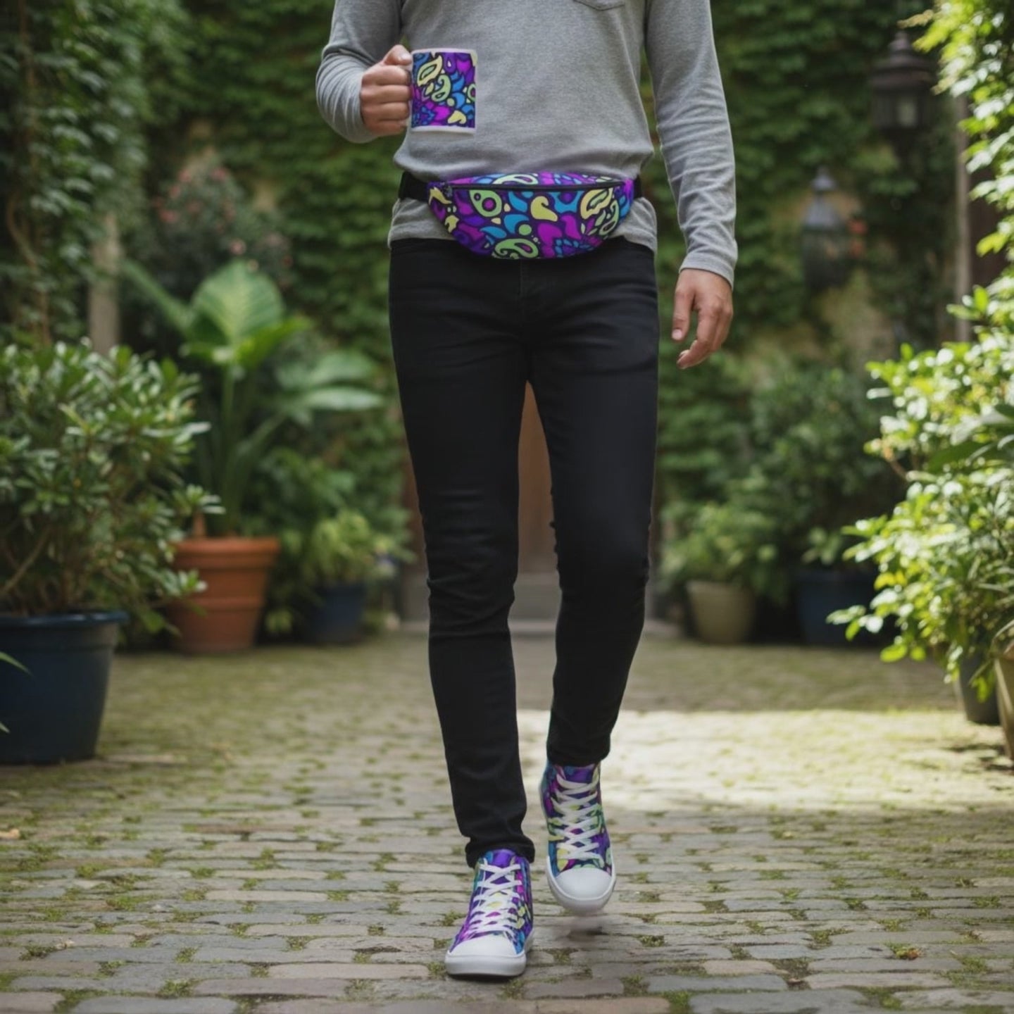 Person walking through a lush courtyard holding the Cyber Bloom coffee mug and wearing the Cyber Bloom fanny pack and matching high top canvas shoes